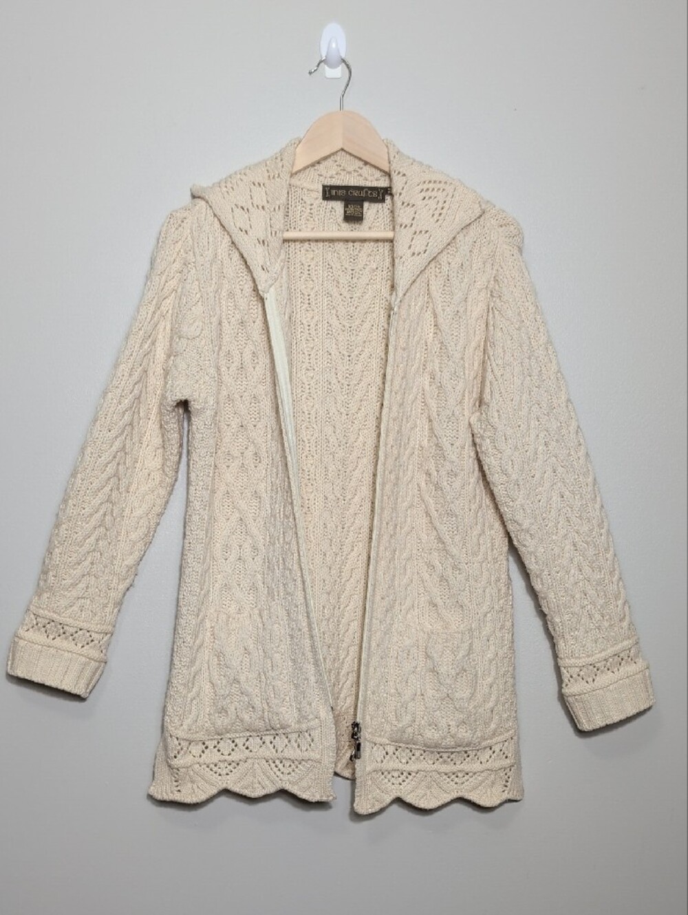 Inis Crafts 100% Merino Wool Cable Knit Long Full Zip Cardigan Sweater Medium - Picture 9 of 14